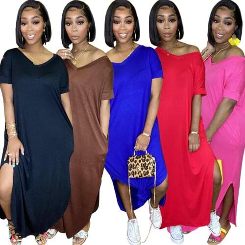 Cutubly Side Split New Maxi Dress With Pockets Solid Party Summer Sexy Club Dresses Loose V Neck Short Sleeve Dresses For Women