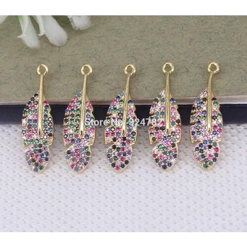 10pcs Gold Metal Copper Micro Pave CZ Leaf Shape Pendant Beads For Jewelry Making