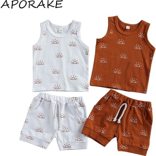 2021 0-3Y Toddler Baby Clothing Summer Soft Cotton 2pcs For Infant Boys Girls Sun Print Sleeveless Top Vest+Shorts Outfits Set