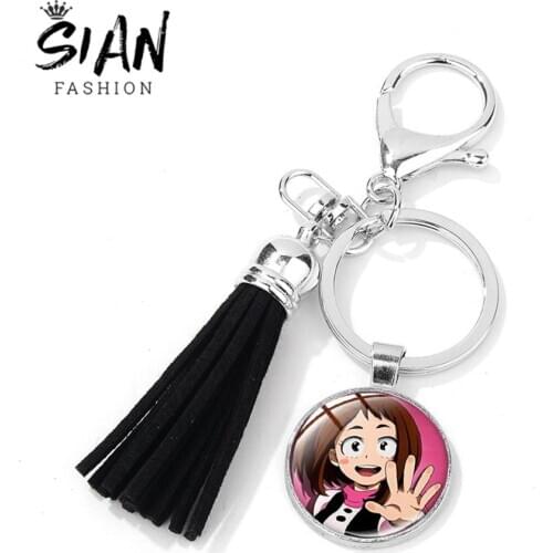 SIAN Super Power Heroes Leather Tassel Keychain Anime My Hero Academia Theme Series Glass Crystal Key Chains Cartoon Accessories