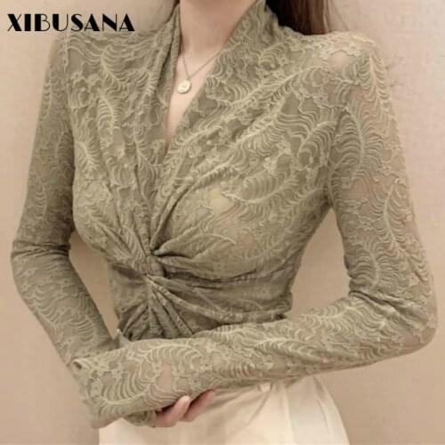 Women Cross V Neck Sexy Lace Blouses Shirts 2021 Spring Long Sleeve Slim Hollow Out Bottoming Tops Female OL Style Mujer Blusas