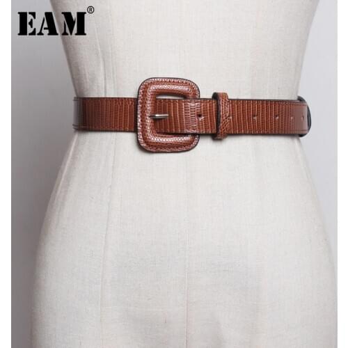 [EAM] Pu Leather Big Square Buckle Split Joint Long Belt Personality Women New Fashion Tide All-match Spring Autumn 2021 1A779