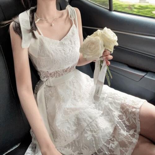 French Fairy Dress Woman Sling Dress Sleeveless Elegant Mesh Lace White Dresses For Women Party 2021 Korean Style V-Neck Wedding