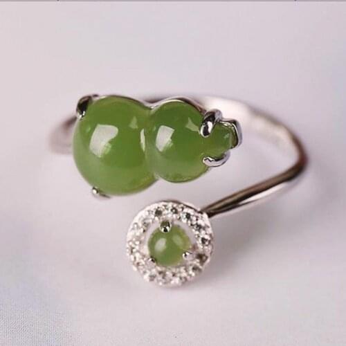Natural Hetian Jade Green Jade Gourd Ring S925 Pure Silver Embeded Jade White Jade Gourd Stylish Opening Ring Ornament for Women