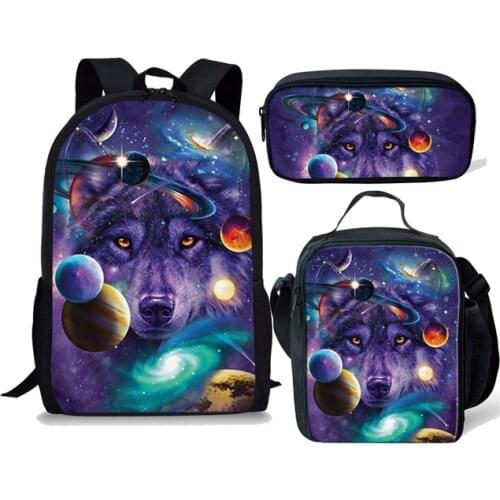 Purple Space Stars Galaxy Wolf School Bag for Teen Girl Boy Children 3pcs Set Backpack Mochila Schoolbag Kid Bagpack