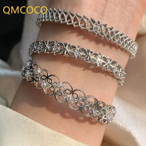 QMCOCO Lace Bracelet 925 Silver Vintage Simple Empty Geometry Zircon Bracelet For Woman Trendy Jewelry Handmade Accessories