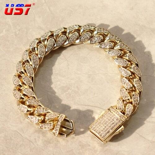 US7 15mm Miami Prong Cuban Link Bracelet For Men Women Gold Silver Color Baguette Stones Necklace Hip Hop Rapper Jewelry Gifts