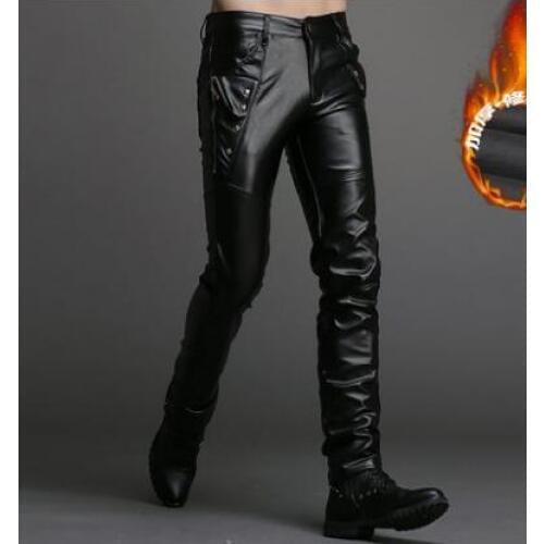 Autumn winter personality thicken motorcycle faux leather pants mens feet pants plus velvet pu trousers for men pantalon homme