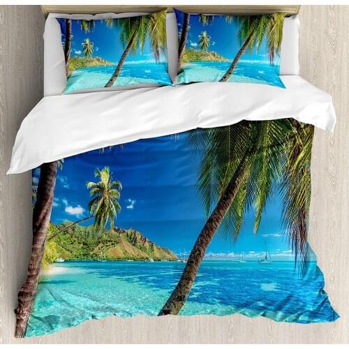 Ocean Duvet Cover Set Image of a Tropical Island with The Palm Trees and Clear Sea Beach Theme Print Decorative 3 Piece Bedding