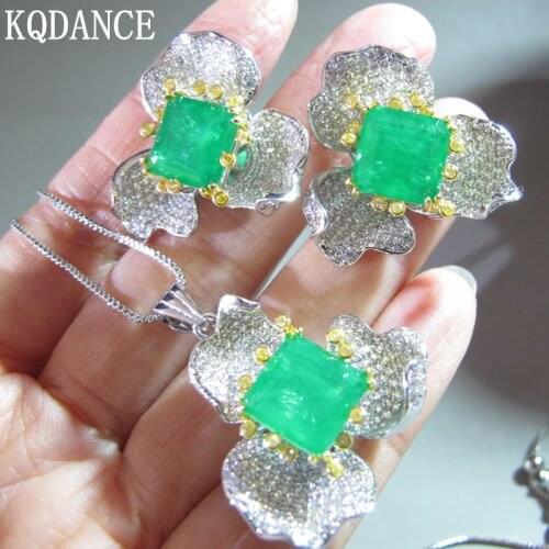 Created Gemstone Diamond Emerald flower pendant necklaces and Earrings Silver Gold plated Jewelry Set for women Party 2021 New