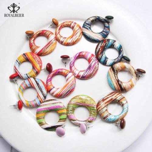 New Dangle Big Round Earrings Women Fashion Handmade Square Geometric Earrings Elliptical Hollow Color Cloth Fabric Earring