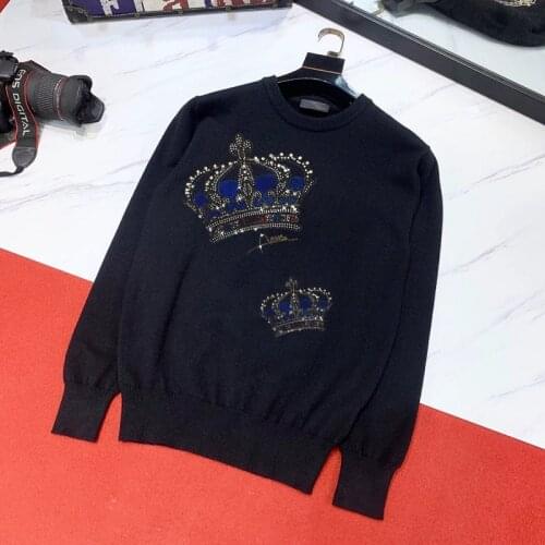 Slim Winter Top Head Pullover Youth Black and White Cashmere ThickBrand Mens Sweater Crown Rhinestone