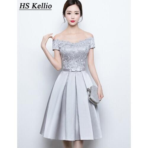 Off Shoulder Silver Bridesmaid Dress Short Big Discount Mini Party Dresses