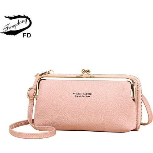 Fengdong women mini crossbody bag 6.5'' mobile phone bag female small shoulder bag woman PU leather purse credit card money bag