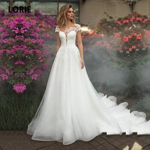 LORIE Boho Wedding Dresses O-Neck Appliques A-Line Cap Sleeves A-Line White Ivory Tulle Plus Size Wedding Gown Bride Dress 2021