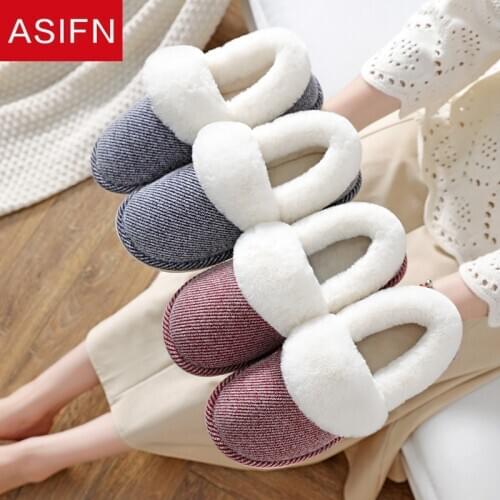 ASIFN Womens Winter Fur Slippers Wool Fleece Indoor Home Men Women Couples Warmth Anti-skid Solid PVC Soles Cotton Slippers