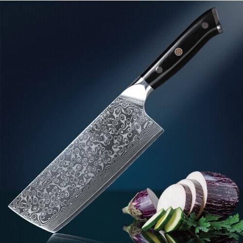 TURWHO 7'' inch Nakiri Kitchen Knife VG10 Damascus Steel Chef Knives Japanese Butchers Knife Meat Knives G10 wood Handle