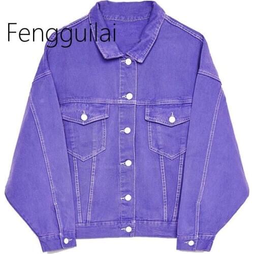Autumn Coat Street Style Women Denim Jacket Ultra Violet Oversize Topstitched Jeans Jacket Purple Chic Outerwear Coats