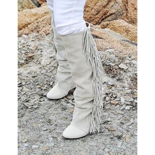 Sexy Ladies Real Suede Leather Tassel Wedges High Heels Knee Boots Women Pointed toe Runway Shoes Ladies Fringed Knight Boots