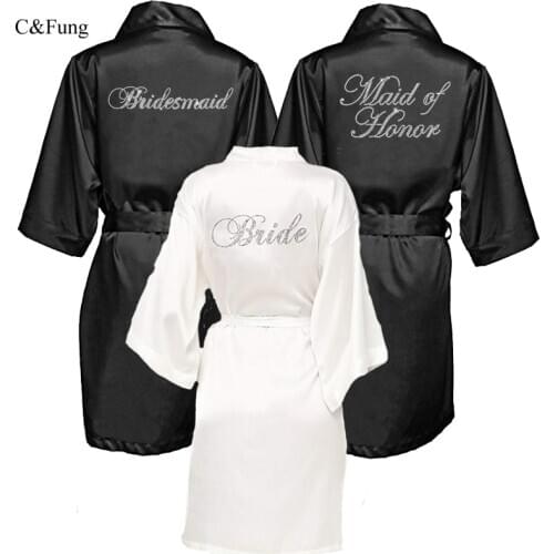 C&Fung black bridal robe Women satin Kimono Rhinestone writing Short Wedding bridesmaid party getting married morning robes