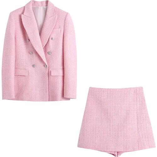 Za Women 2021 Fashion Double Breasted Tweed Check Blazer Coat Vintage Long Sleeve Pockets Female Outerwear Chic