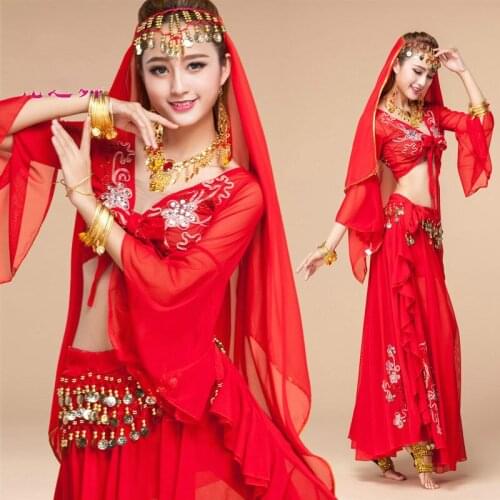 2016 Upscale Indian Dance performance clothing(top+skirts+belt+Head chain Veil)4pcs/suit womens Belly Dance embroidered costume