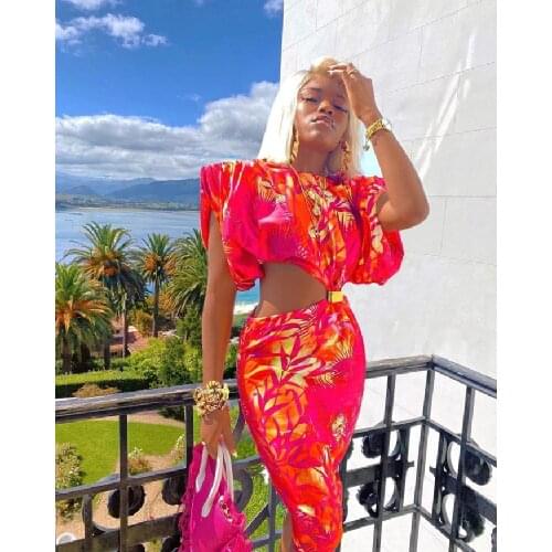 High Quality Autumn New Flower Printing Hollow Out Short Sleeves Shoulder Pads Midi Woman Bodycon Dress Elegant Feamle Evening P