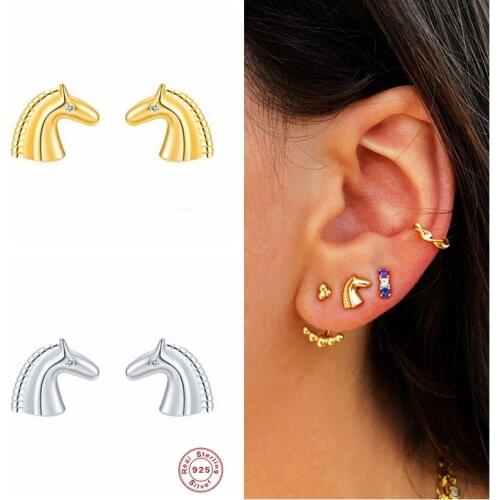 GS 925 Sterling Silver Gold Cute Horse Head Stud Earrings For Women Girls Gift Animal Ear Stud Fine Jewelry Pendientes Brincos