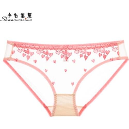 Ms white gauze sexy underwear briefs love embroidered pink transparent low permeability thin waist briefs