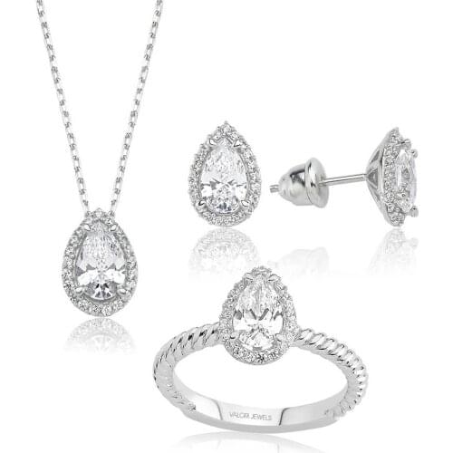 Valori Jewels 3 Carat, Zirconia White Pear Gemstone, Rhodium Plated, Sterling Silver Trio Set