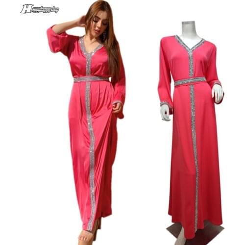 Elegant Red Dress With Rhinestone Women Dubai Party Abaya Muslim Islamic Belted Long Robe Moroccan Gown African Maxi Dresses