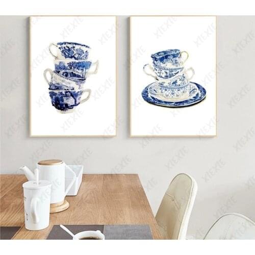 Chinese Style Ceramic Tableware Poster Blue and White Porcelain Art Retro Canvas Painting Pictures Wall for Office Living Room