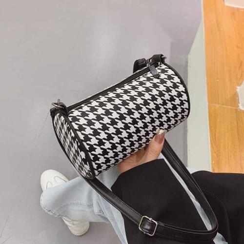 Small Cylinder Shaped Shoulder Bag Women Luxury Plaid Pattern PU Leather Messenger Bags Shopping Pouch Phone Key Purse Handbag