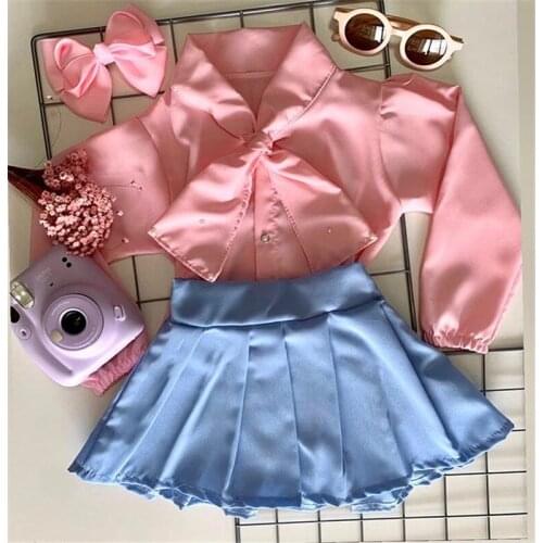 1-6Y Fashion Children Girls Clothing Sets Toddler Kids Girls Solid Long Sleeve Blouse Shirts Tops+Pleated Skirt Outfits