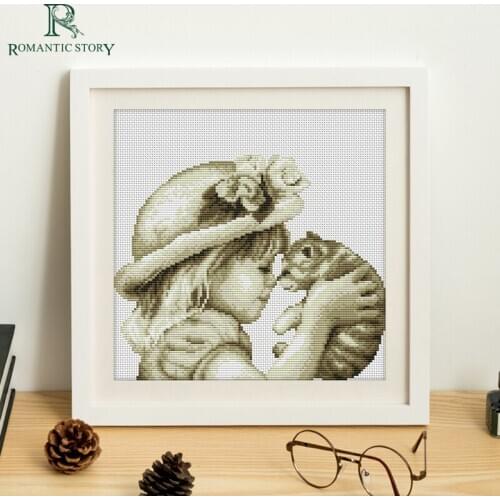 Romantic Story Cross Stitch Kits Embroidery,Girl and cat Bedroom Study Decoration Needlework stitch cross 2124