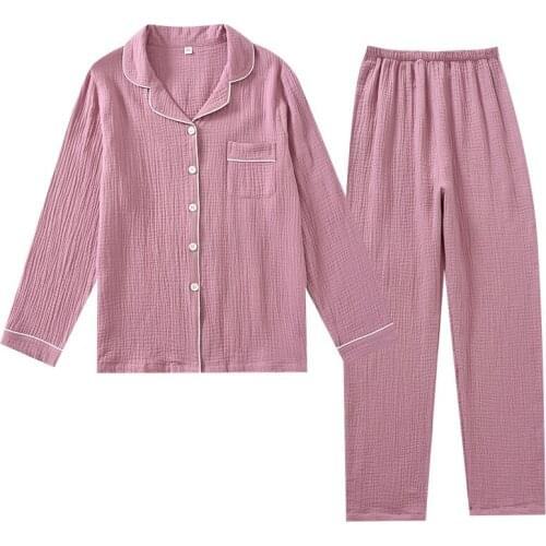 Spring and autumn new fashion couple pajamas crepe cotton breathable trousers long sleeves simple solid color home service suit