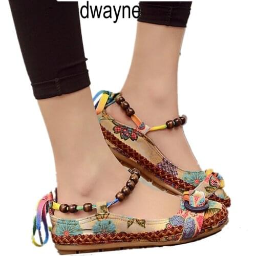 Plus size Casual Flat Shoes Women Flats Beaded Ankle Straps Loafers Zapatos Mujer Retro Ethnic Embroidered Shoes ghn8