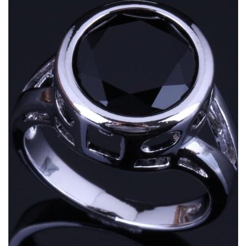 Sublime Round Black Cubic Zirconia Silver Plated Ring V0449