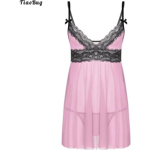 TiaoBug Men Sissy Sheer Lace Mesh Lingerie Adjustable Spaghetti Shoulder Straps Deep V Neck Lace Trim Chemise Babydoll Sleepwear