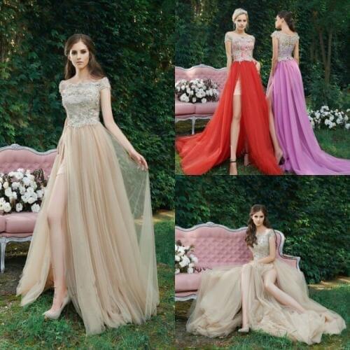 2019 Fashion Evening Dresses High Side Split Lace Appliques Prom Gowns Custom Made Floor Length A Line Party Dress