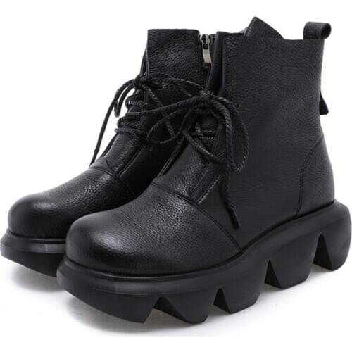 Womens leisure retro leather ms Martin boots new round head thick bottom really short boots flat-bottomed leather boots & # 39