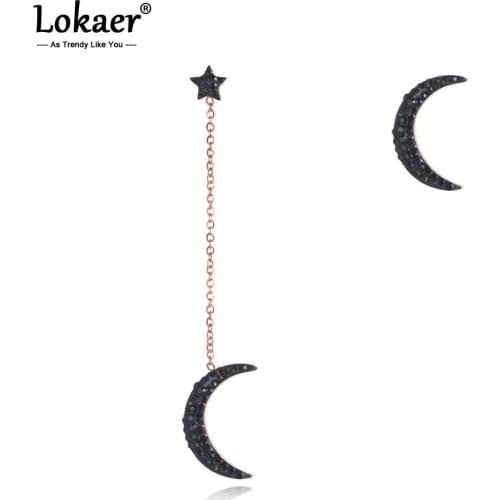 Lokaer Trendy Titanium Stainless Steel Star Moon Earrings Rose Gold Handmade Black Clay Rhinestone Ear Jewelry For Women E19167
