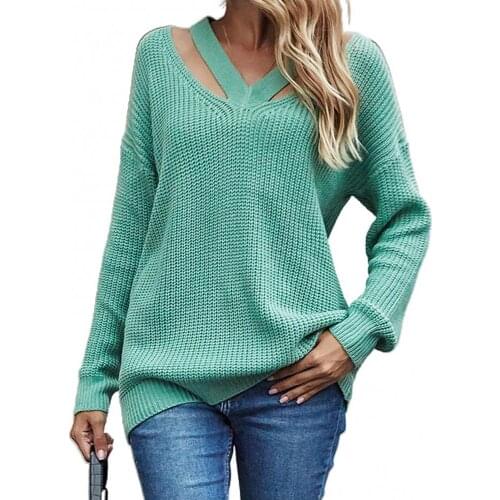 Sweaters Women Autumn Winter V Neck Long Sleeve Hollow Out Knitwear Sweater Loose Hollow Out Solid Color Loose Fit Sweaters Lady