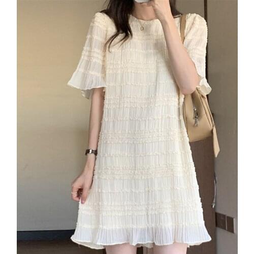 Sannian Women Dress Summer Gentle Cream Apricot Lace Ruffled Wave Edge Draped Flared Sleeve Short Dresses Ladies Clothes