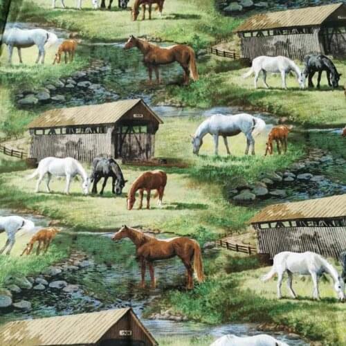 100% Plain Cotton Green Grass Farm Horse Printed Fabric Animal Fabric Patchwork Dress Cloth Ornament