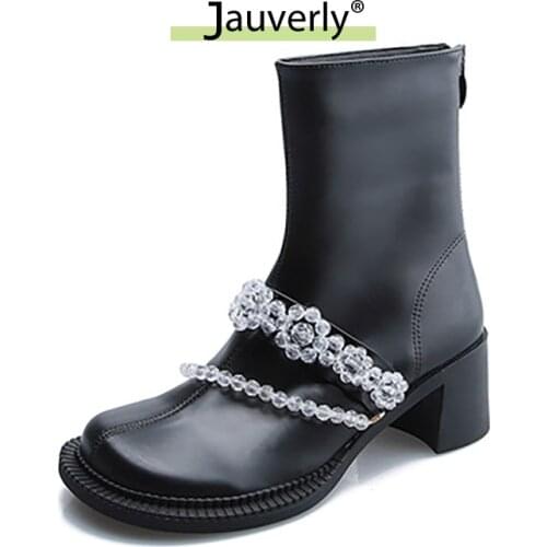 2021 Autumn Winter New British Short Boots Fashion Round Head Shoe Fashion Rhinestone Beaded Big Head Zipper Fashion Boots Woman