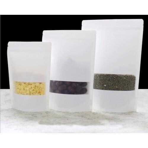 300pcs Scrub White Kraft Paper Bag Storage CPP Stand Up Zip/ziplock Packaging Bags With Window For Food/tea Small Mini Gift Bag