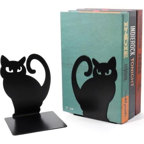 85DD 1 Pair Black Cute Cat Metal Bookends Hollow-out Persian Kitten Book Stands Lightweight Durable Non-Slip Book Holders