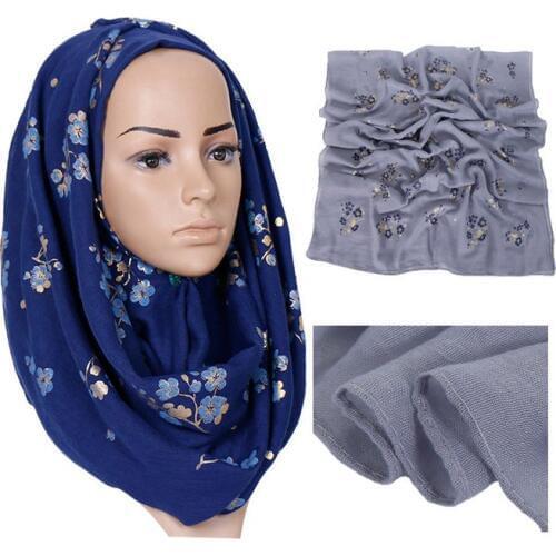 Shiny Gold Floral Scarf Wrap Cotton Gauze Head Scarf Muslim Turban Womens Thin Hijab Headband Plain Long Islamic Shawl 180x70cm