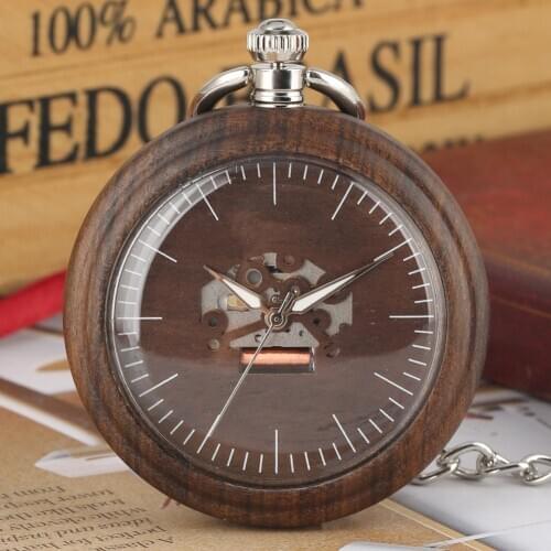 Large Hollow-out Dial Quartz Pendant Watch for Men Great Dark Brown Ebony Pocket WatchAvailable Luminous Pointers Pocket Watches